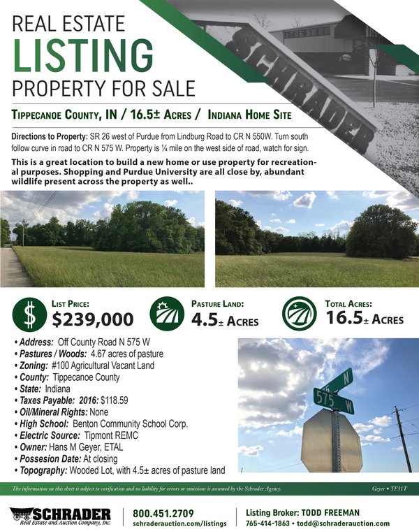 Listing brochure cover - 16.5+/- Acres Tippecanoe County Indiana Home Site